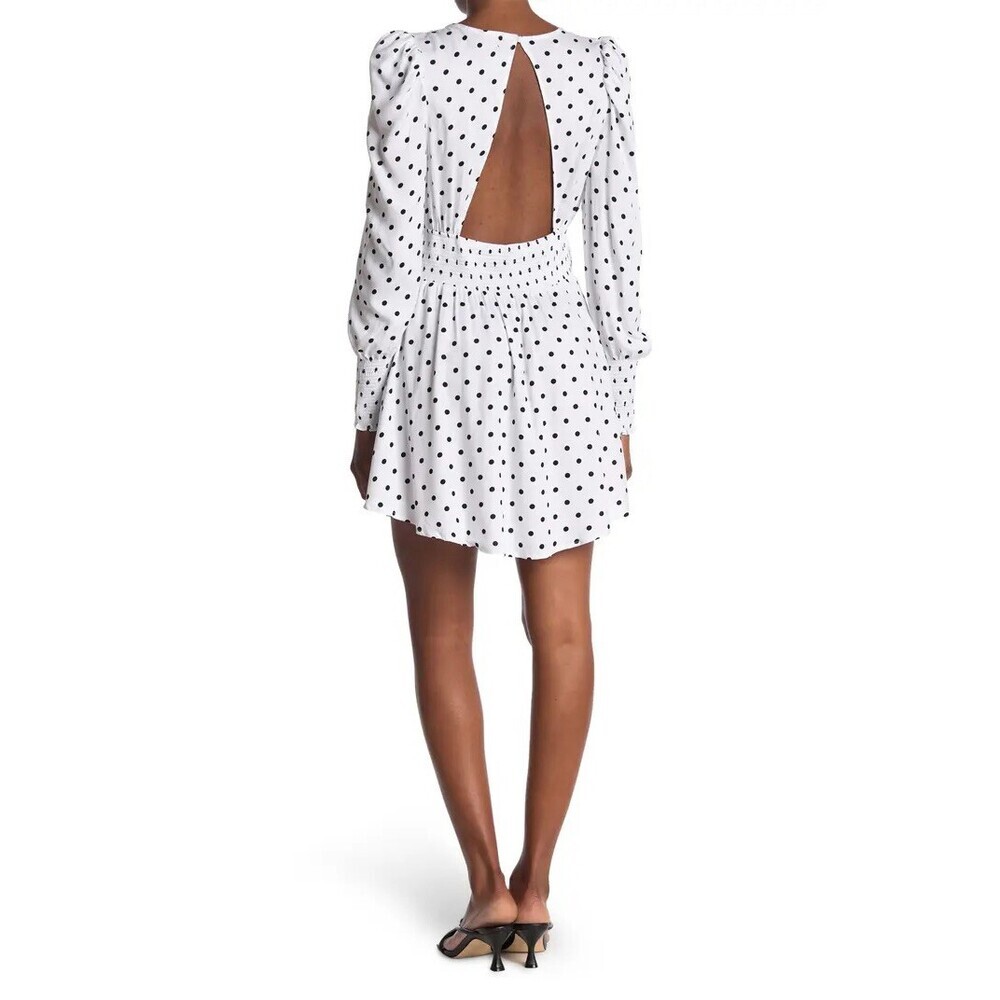 AFRM Long Sleeve Cutout Smocked Mini Dress White/Black Polka Dot Print Size XL